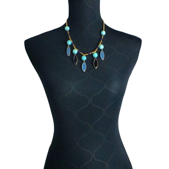 Faceted Amethyst & Blue Chalcedony,  Amazonite Stone,  Gold-Tone Necklace - Picture 2 of 6